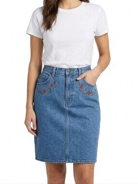 Vintage Chemin De Fer Denim Embroidered Floral Midi Skirt Light Blue